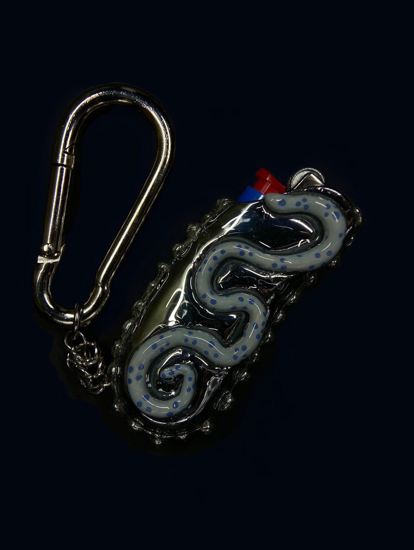 Handmade Spiky Lighter Case with Carabiner - Blue Creature