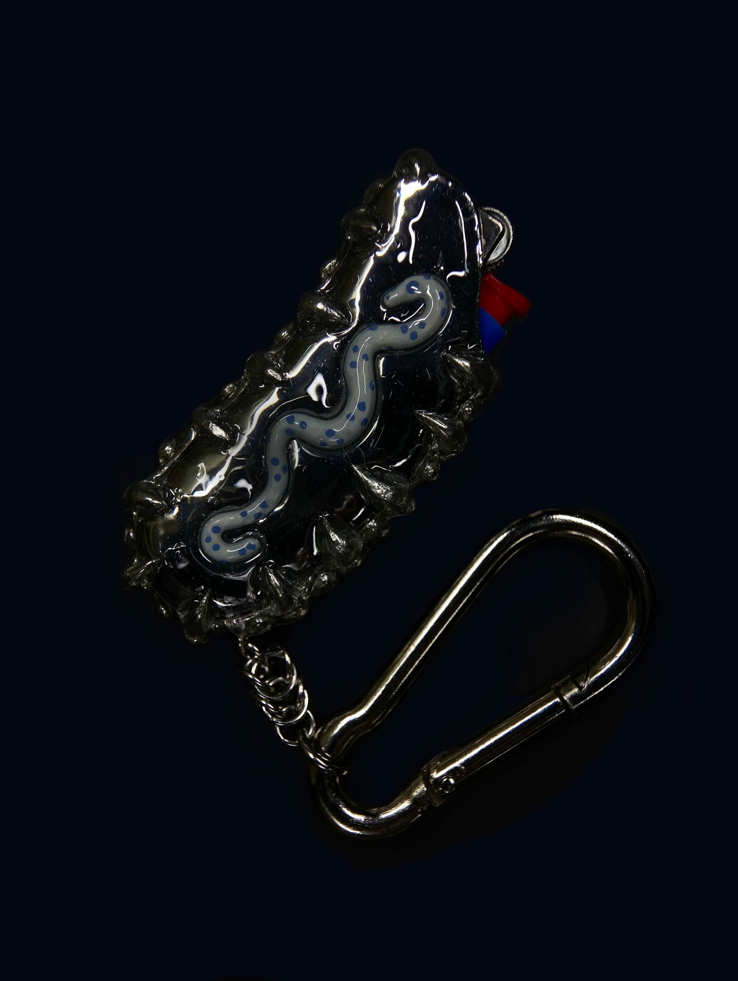 Handmade Spiky Lighter Case with Carabiner - Blue Creature