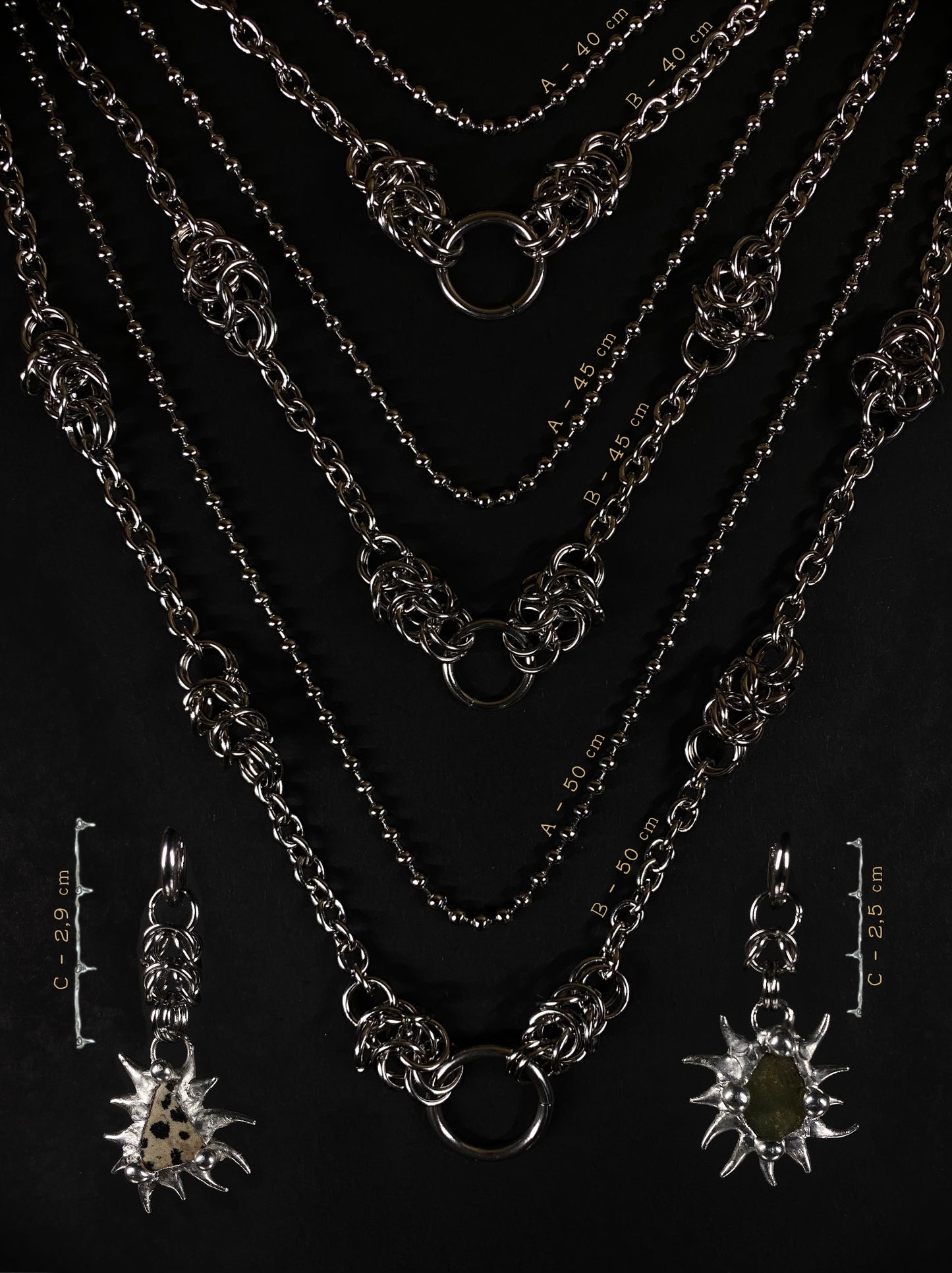 Sterling silver necklace and earring options, spiky handmade jewelry design, compatible with fair trade crystal pendants and gemstone pieces