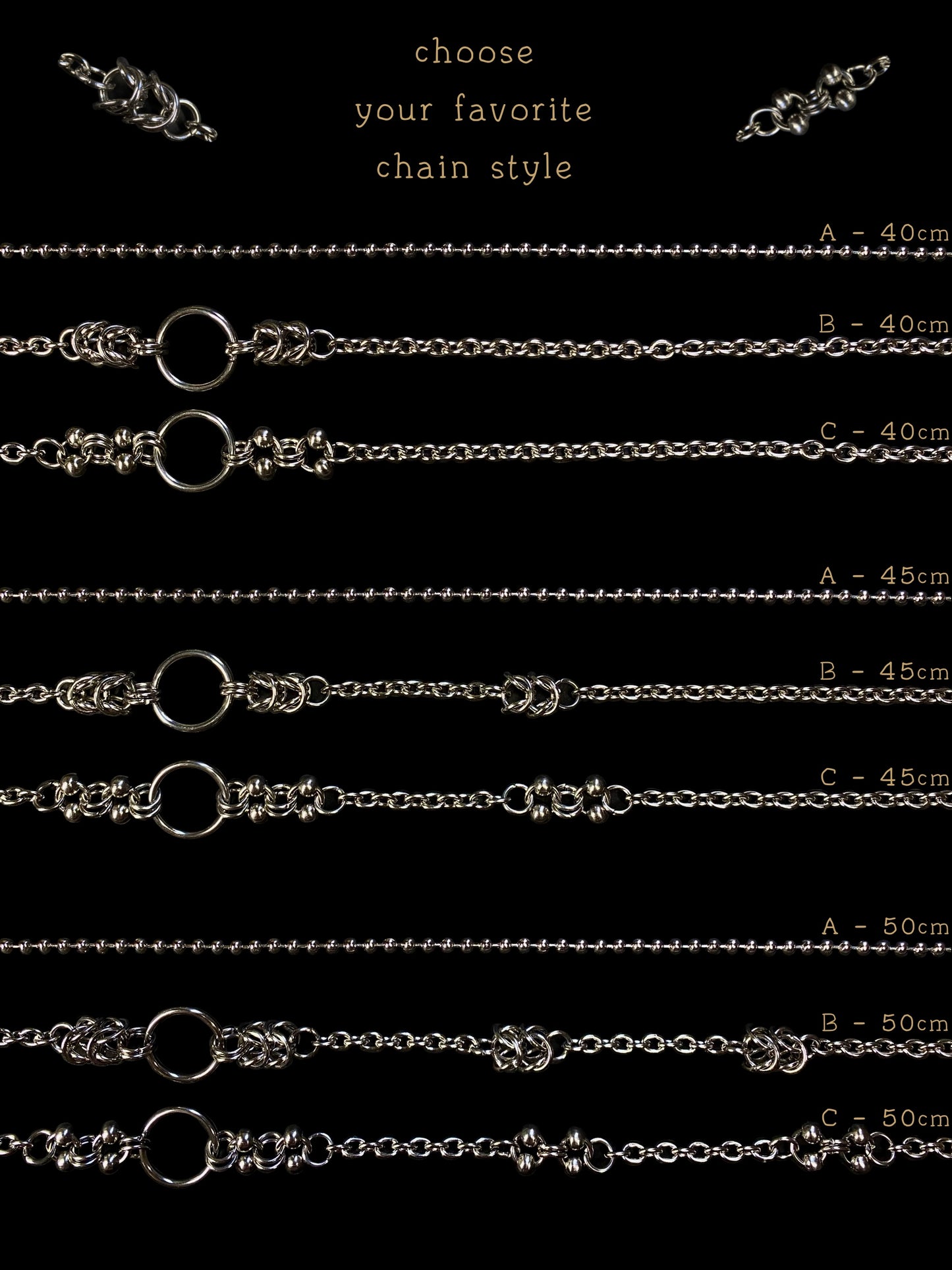 products photo off all chain styles and lengths that people can choose from.