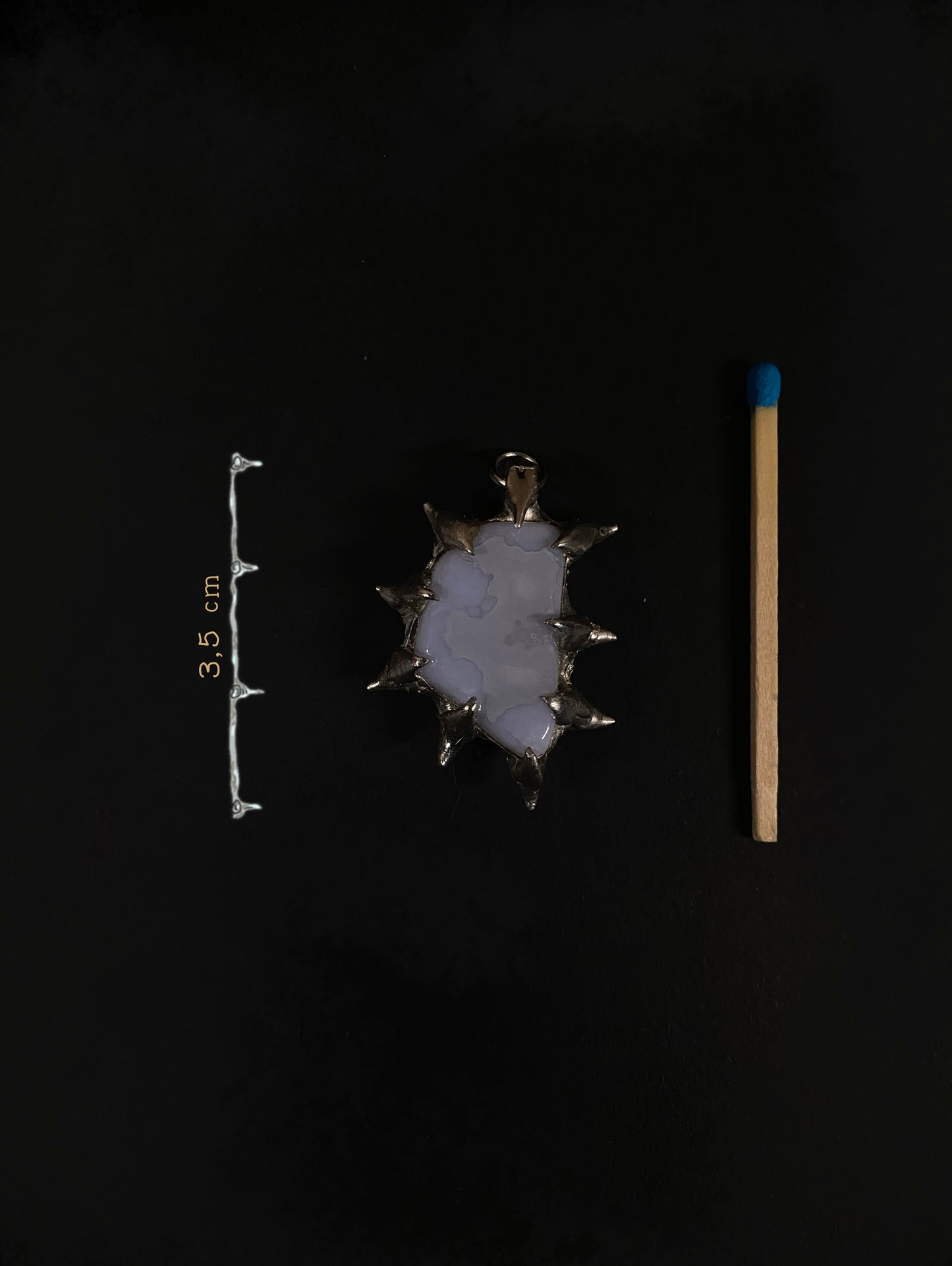 Handmade spiky Blue Chalcedony pendant with size reference (3.5 cm), shown next to a matchstick, fair trade gemstone, silver setting