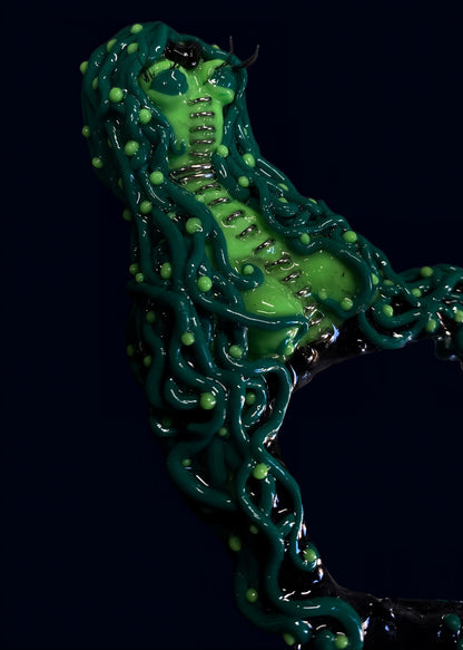 side profile close-up of alien torso and tentacles wrapping around mirror frame, high shine resin finish visible