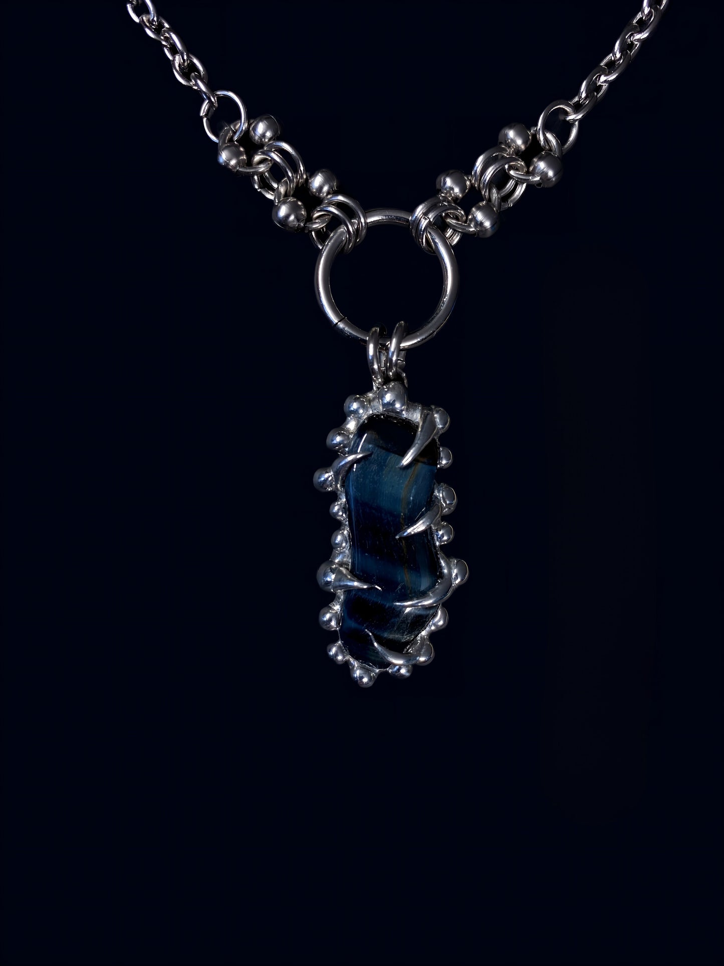 spiky pendant, handmade jewelry, fairycore accessories, grunge statement necklace, soft solder ring, gemstones, softedgez, alternative fashion, falcons eye, falcons eye pendant