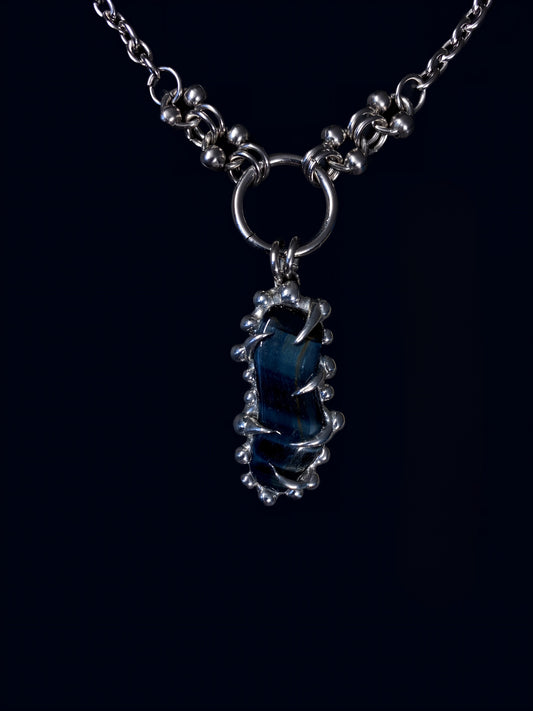 spiky pendant, handmade jewelry, fairycore accessories, grunge statement necklace, soft solder ring, gemstones, softedgez, alternative fashion, falcons eye, falcons eye pendant