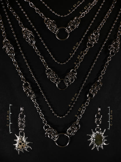 Sterling silver necklace and earring options, spiky handmade jewelry design, compatible with fair trade crystal pendants and gemstone pieces