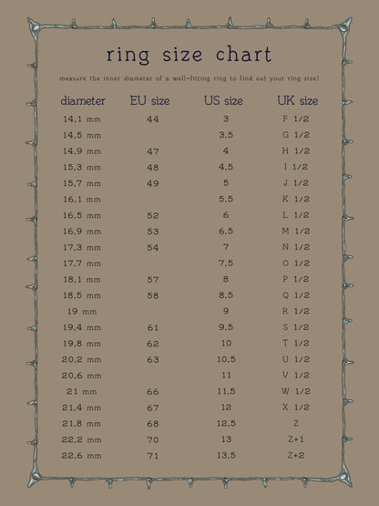 ring size chart, ring size conversion EU US UK, ring diameter guide, jewelry size chart for rings
