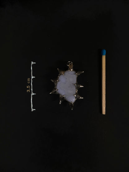 Handmade spiky Blue Chalcedony pendant with size reference (3.5 cm), shown next to a matchstick, fair trade gemstone, silver setting